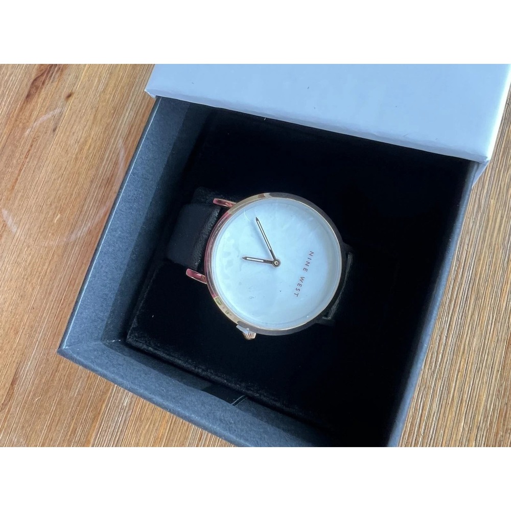 Nine West Felicity watch rose gold tone mother of pearl dial black strap new in